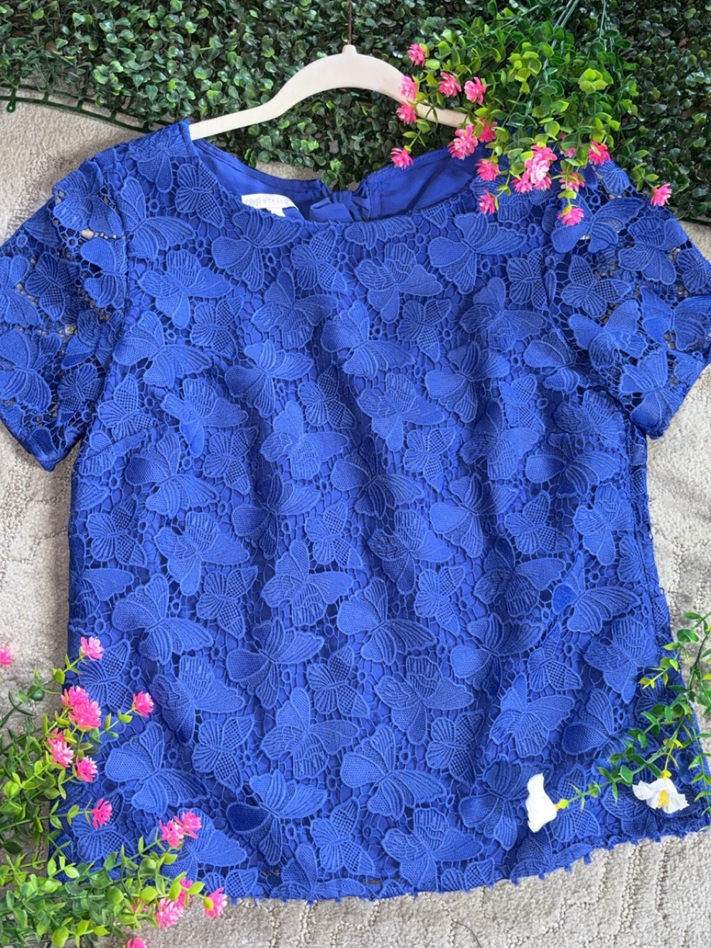 Talbots Royal Blue Floral Lace Short Sleeve Blouse